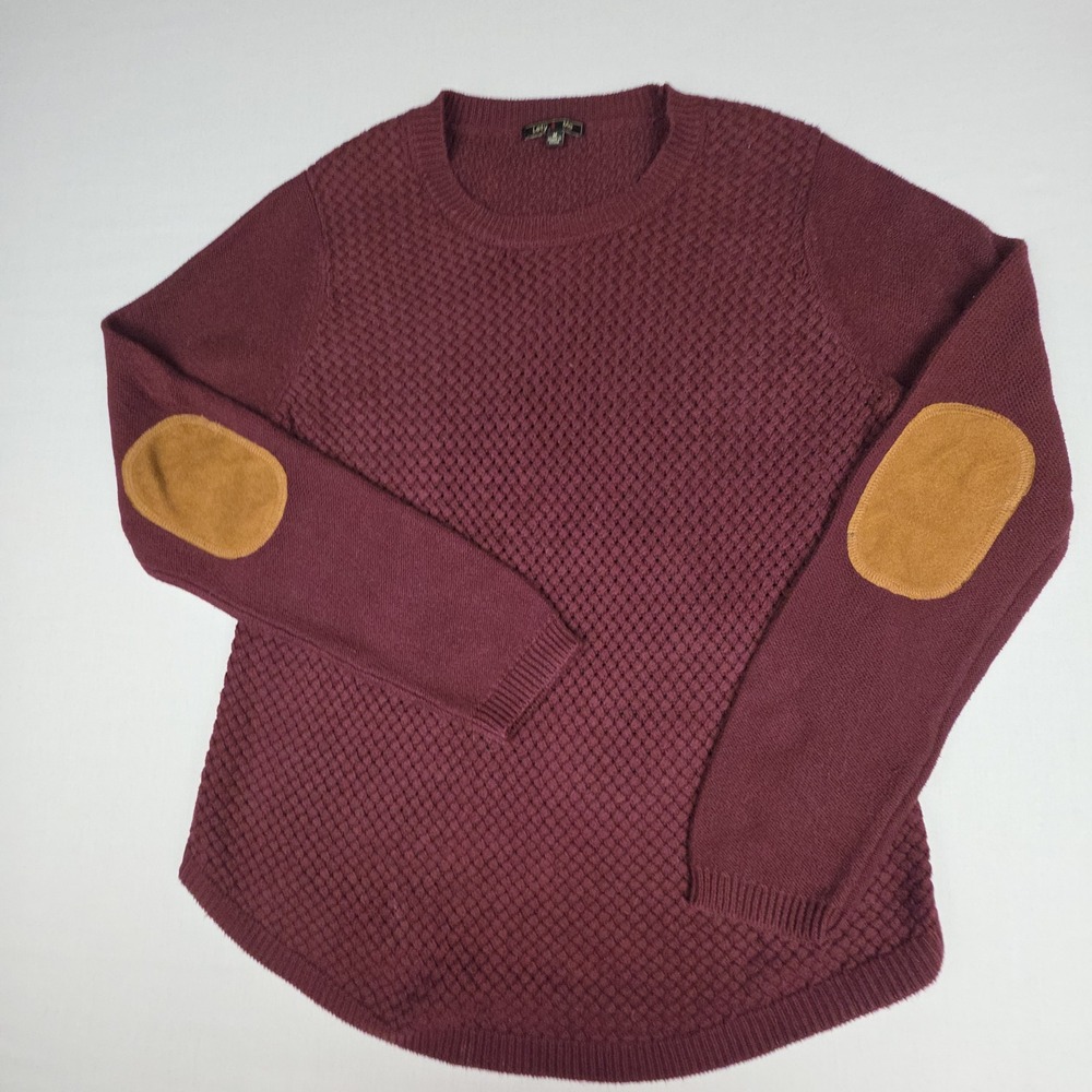 Lety & Me Elbow Patch Waffle Knit Crewneck Sweater Womens Medium Burgundy Cotton